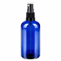 Rundliche blaue Glasflasche 100ml mit ergonomischem schwarzen Sprühkopf für Flüssigkeiten