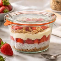 WECK Sturzglas 370ml RR100 mit Schichtdessert aus Chia-Pudding und Erdbeeren zeigt vielseitige Nutzung als Portionsglas