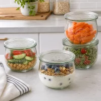 WECK Tulpengläser 580ml RR100 als praktische Meal Prep Behälter mit Salat Joghurt und Gemüse in moderner Küche