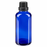 50ml Apotheken Tropfflasche blau mit schwarzem Schraubdeckel und 2mm Tropfeinsatz aus Borosilikatglas