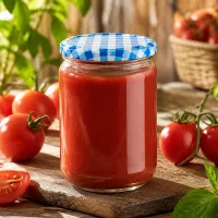 UNiTWIST 555ml Rundglas mit roter Tomatensoße BasicSeal Deckel blau weiß kariert Holzuntergrund
