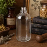 Kleine 100ml Glasflasche mit Schraubgewinde DIN18 ClearLine Serie im naturheilkundlichen Kräuterstudio