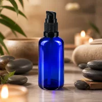 Runde blaue 50ml Glasflasche mit schwarzem Spenderkopf im Spa Ambiente