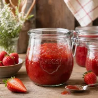 WECK Tulpenglas 220ml RR60 gefüllt mit roter Erdbeermarmelade auf rustikalem Holztisch mit frischen Erdbeeren