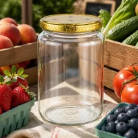 1000g Honigglas mit Bienenwaben-Deckel umgeben von frischem Obst und Gemüse in Holzkisten rustikale Marktszene