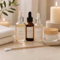 Wattestäbchen unsteril zur Hautpflege neben Nourish Facial Oil und Renew Night Serum