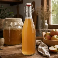 500ml Glasflasche Bügelverschluss mit Apfelsaft befüllt rustikale Küche Obstgetränk hausgemacht natürlich
