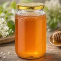 900ml Honigglas mit Honig gefüllt goldener Bienenwaben-Deckel Holzhintergrund Honigdipper Imkerei Naturprodukt