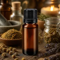 10ml Braunglas-Dosierflasche mit engerem 1mm Einsatz neben Lavendel und Gewürzkräutern