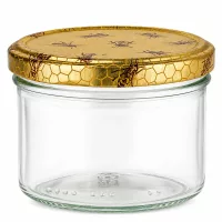 Leeres 300g Honigglas aus Glas mit goldenem Bienenwaben-Schraubdeckel für Honig und Marmelade