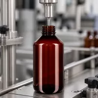 Großansicht einer braunen 500ml PET Flasche mit gerilltem Schraubhals auf Produktionslinie
