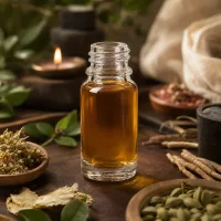 Handliche UNiTWIST Apothekenflasche 10ml ClearLine mit Kräuteröl auf rustikalem Naturholz Arrangement
