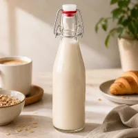 Glasflasche 250ml mit Bügelverschluss gefüllt mit Milch neben Haferflocken, Kaffeetasse und Croissant