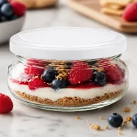 120ml Terrinenglas mit weißem Deckel gefüllt mit Beeren-Dessert und Keksboden auf Marmorplatte