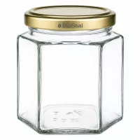 520g Honigglas hexagonal transparent mit goldenem BioSeal Deckel für Imker und Honigabfüllung