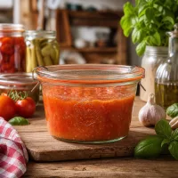WECK RR100 Sturzglas 370ml in rustikaler Küche mit Tomatensauce gefüllt zeigt praktische Verwendung zum Einmachen