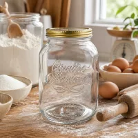 Quattro Stagioni 3000ml Glasdose in Küche mit Backzutaten Mehl Eiern und Nudelholz für Vorratshaltung