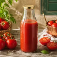 Wiederverwendbare 330ml UNiTWIST Glasflasche BasicSeal Golddeckel mit Tomatensaft zum Haltbarmachen