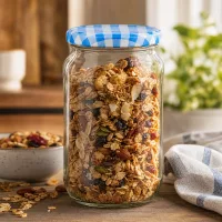 1062ml Rundglas mit Müsli und Nüssen befüllt, BasicSeal Deckel blau-weiß, perfekt für Vorratshaltung von Cerealien
