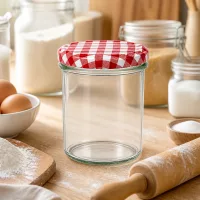 350ml Sturzglas leer in Küchenumgebung mit Backzutaten, rot-weiß karierter Deckel, Mehl und Nudelholz