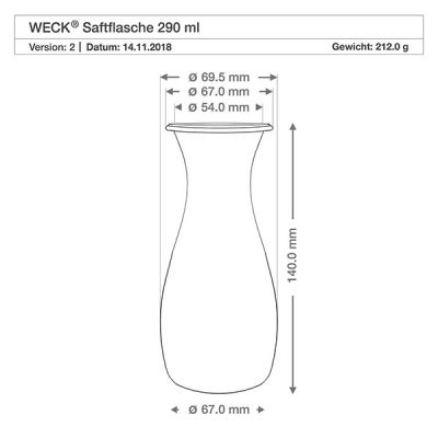 Technische Zeichnung WECK Saftflasche 290ml RR60 mit Maßangaben und Gewicht 212g, detaillierte Produktspezifikation