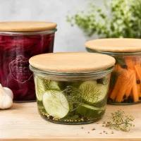 WECK Sturzglas 80ml RR60 Holzdeckel eingelegte Gurken Gemüse fermentieren Einmachen Konservieren Küchenhelfer