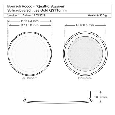 Technische Zeichnung Quattro Stagioni Schraubdeckel mit Maßangaben 114,4mm Durchmesser und 16mm Höhe