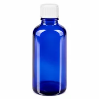 Pharmazeutische 50ml Flasche aus blauem Apothekerglas mit weißem Tropfverschluss 3mm Öffnung