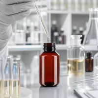 Braune PET Flasche 100ml mit weißem OV beim Befüllen mit transparenter Flüssigkeit im Labor
