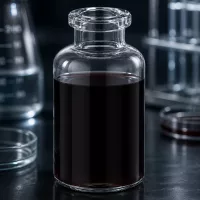 Medizinische Klarglas Injektionsflasche 20ml mit dunkelbrauner Substanz in professioneller Laborumgebung
