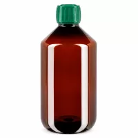 Braune PET Weithalsflasche 500ml mit grünem OV Verschluss für Flüssigkeiten geeignet