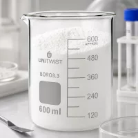 UNiTWIST Becherglas 600ml mit weißem Pulver und Beschriftungsfeld aus Boro3.3 Borosilikatglas