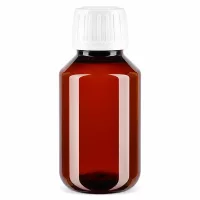 Braune transparente PET Flasche 100ml mit gerilltem weißen Schraubdeckel