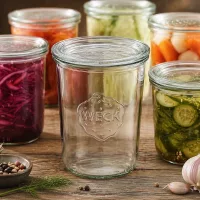WECK Sturzglas 850ml RR100 mit eingelegtem Gemüse und Gewürzen zeigt Einmachen und Fermentieren im Haushalt