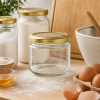 UniTWIST Runda330 Glas mit TO82 BioSeal Golddeckel in moderner Küche zwischen Backzutaten und Kochutensilien