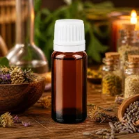 Dunkle Glasflasche 10ml mit weißem kindersicherem OV für ätherische Öle und Heilpflanzenextrakte