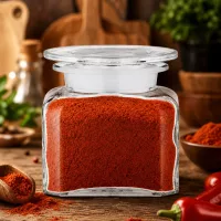 Kleines quadratisches Vorratsglas 100ml gefüllt mit rotem Gewürzpulver auf Holzoberfläche