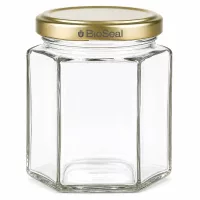 250g Honigglas sechseckig mit goldenem BioSeal Schraubdeckel leer transparent Glaskonserve für Honig