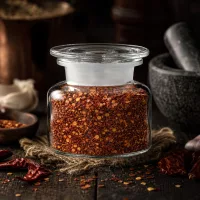 Apothekerflasche 100ml Weithals Klarglas mit gemahlenem Chili in rustikaler Küchendekoration