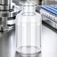 Medizinische Injektionsflasche Klarglas 30ml neben befüllten Blaukapsel-Vials in Produktionsanlage