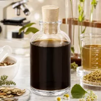 Apothekerflasche Klarglas 50ml Korken 11/14mm mit schwarzem Kräuterextrakt befüllt