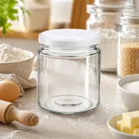 250ml Honigglas leer mit weißem UNiTWIST Deckel in Backküche zwischen Mehl Eiern und Backutensilien