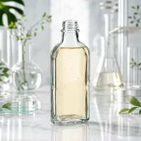 100 ml Meplatflasche klar DIN22 mit ätherischem Öl auf weißer Marmorplatte mit Grünpflanzen
