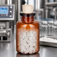 Kompakte Braunglasflasche mit Naturkorken 11/14mm zur Tablettenlagerung im Labor