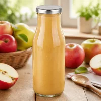 Kompakte 150ml UNiTWIST Flasche mit silbernem Deckel zwischen frischen Äpfeln und Birnen