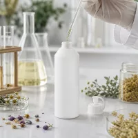 Weiße Kunststoffflasche 250ml HDPE mit Spritzeinsatz umgeben von getrockneten Kräutern und Blüten