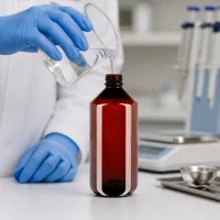 Befüllung einer bernsteinfarbenen PET Rundflasche 1000ml mit weißem geriefeltem Sicherheitsverschluss