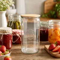 WECK Einmachglas 1590ml RR100 in Küchenszene mit Marmelade Konfitüre und frischen Erdbeeren auf Holztisch