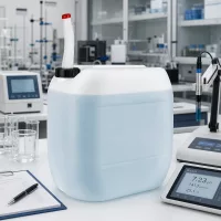 30 Liter Kanister mit Auslaufrohr für Laborchemikalien neben Messgeräten und Protokoll