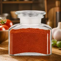 Stilvolle Gewürzaufbewahrung Vierkantflasche 150ml mit rotem Gewürz in rustikaler Küche